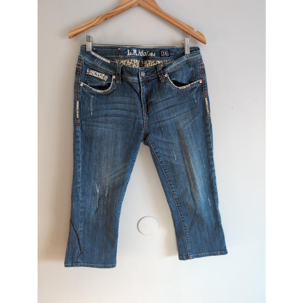 LA Idol Beaded Dainty Capri Pants Womens Sz 13 Lappered Print Rhinestone Y2K VTG